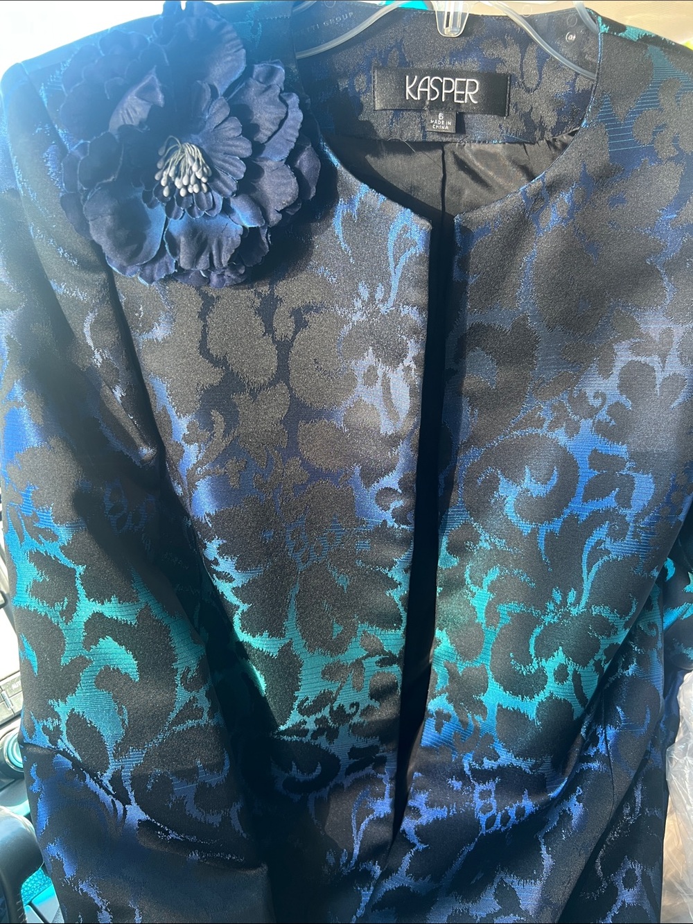 Kasper Blue and Teal Floral Jacquard Dress Jacket with Corsage